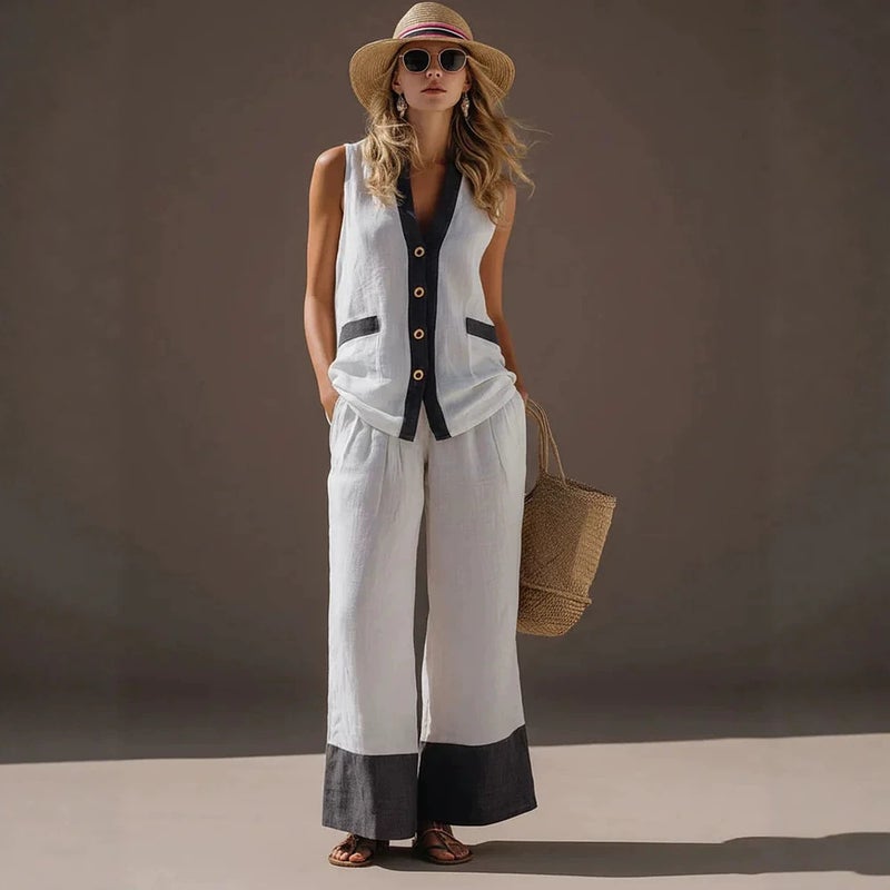Women's Sleeveless Button Front Retro Contrast Pant Set - Image 2
