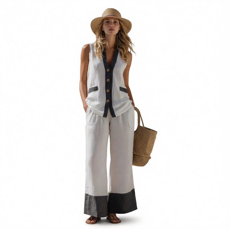 Women's Sleeveless Button Front Retro Contrast Pant Set - Image 1