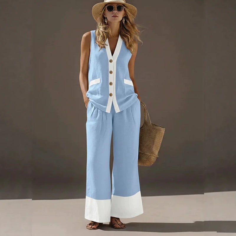 Women's Sleeveless Button Front Retro Contrast Pant Set - Image 3
