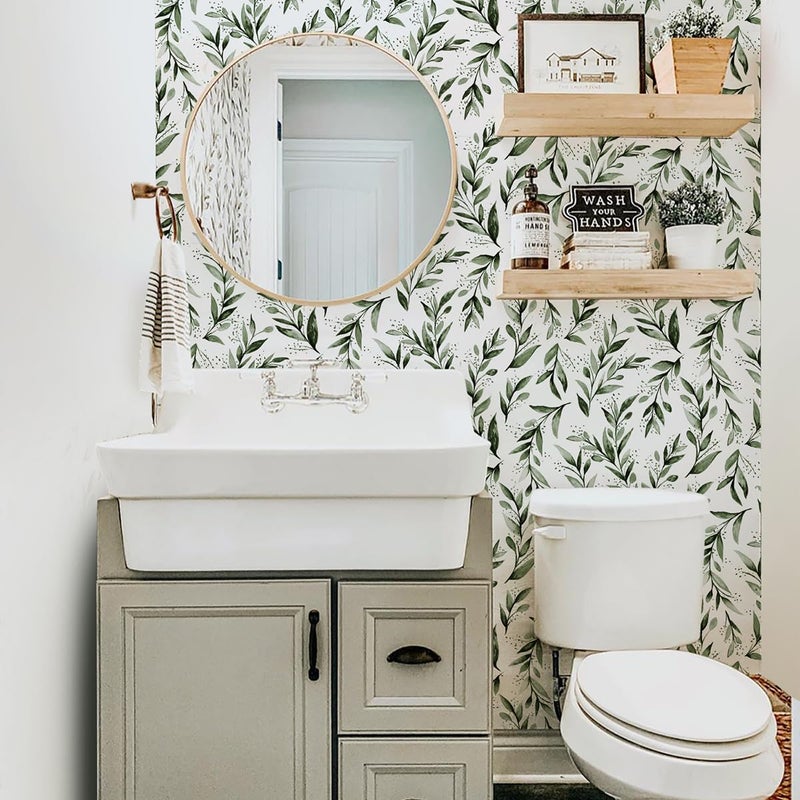 Livebor Green Leaf Wallpaper Peel and Stick Olive Leaf Contact Paper 17.7inch x 118.1inch Green Peel and Stick Wallpaper Modern Farmhouse Wall Paper for Bathroom Neutral Sage Decorative Vinyl - Image 3