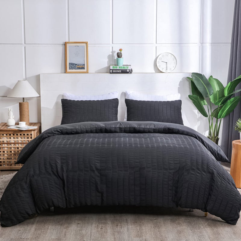 AveLom Seersucker Duvet Cover Set Full Size 80 x 90 inches 3 Pieces 1 Duvet Cover  2 Pillow Cases Black Ultra Soft Washed Microfiber Textured Duvet Cover with Zipper Closure Corner Ties