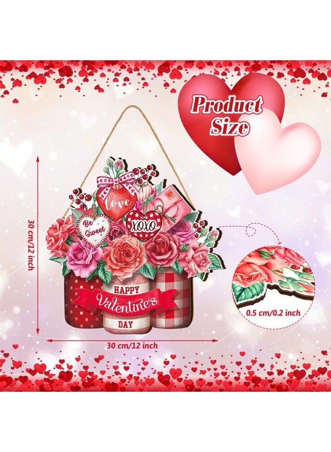 BBTO Happy Valentine's Day Door Sign Wooden Farmhouse Home Sign Welcome Sign with Heart Rose for Porch Farmhouse Valentine Front Door Outdoor Home Decor(Heart Style) - Image 2