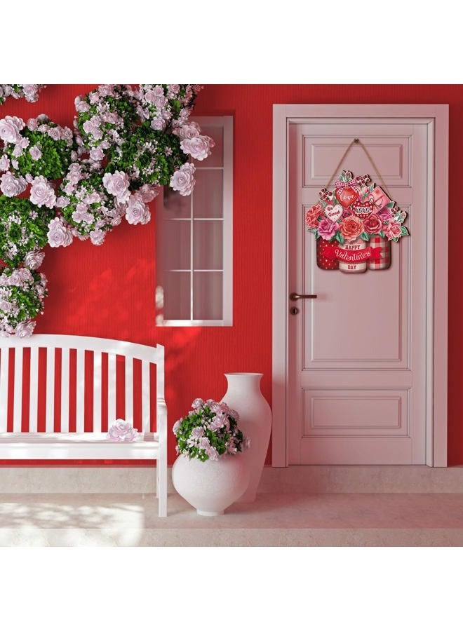 BBTO Happy Valentine's Day Door Sign Wooden Farmhouse Home Sign Welcome Sign with Heart Rose for Porch Farmhouse Valentine Front Door Outdoor Home Decor(Heart Style) - Image 4