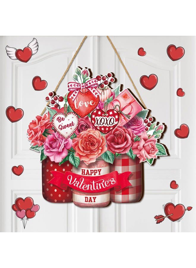 BBTO Happy Valentine's Day Door Sign Wooden Farmhouse Home Sign Welcome Sign with Heart Rose for Porch Farmhouse Valentine Front Door Outdoor Home Decor(Heart Style) - Image 1
