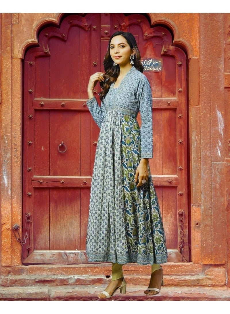 Divena Empire Yoke Panelled Flare Maxi Dress, Hand Block Printed Pure Cotton - Image 3