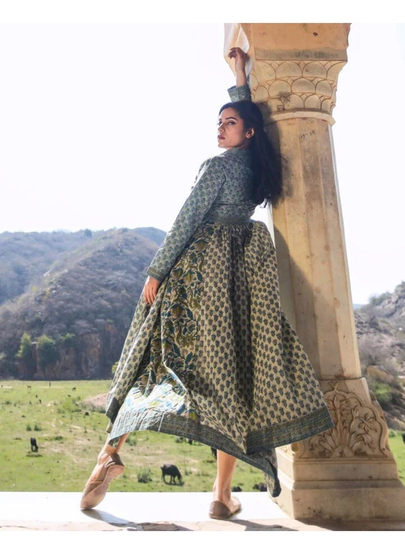 Divena Empire Yoke Panelled Flare Maxi Dress, Hand Block Printed Pure Cotton - Image 4