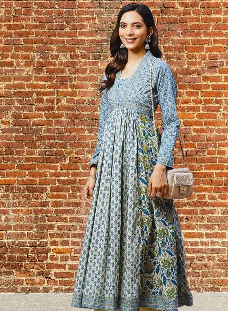 Divena Hand Block Printed Maxi Dress in Pure Cotton-Empire Yoke-Panelled Flare-Vintage vibe - Image 1