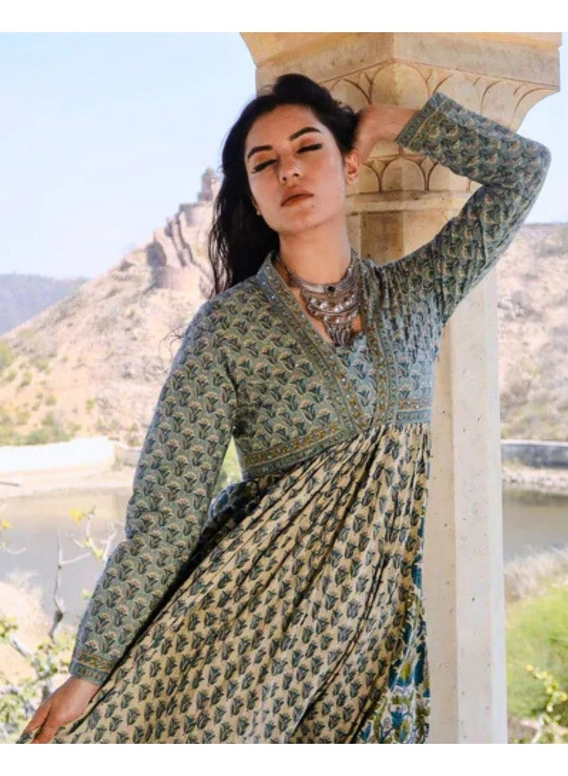 Divena Hand Block Printed Maxi Dress in Pure Cotton-Empire Yoke-Panelled Flare-Vintage vibe - Image 3