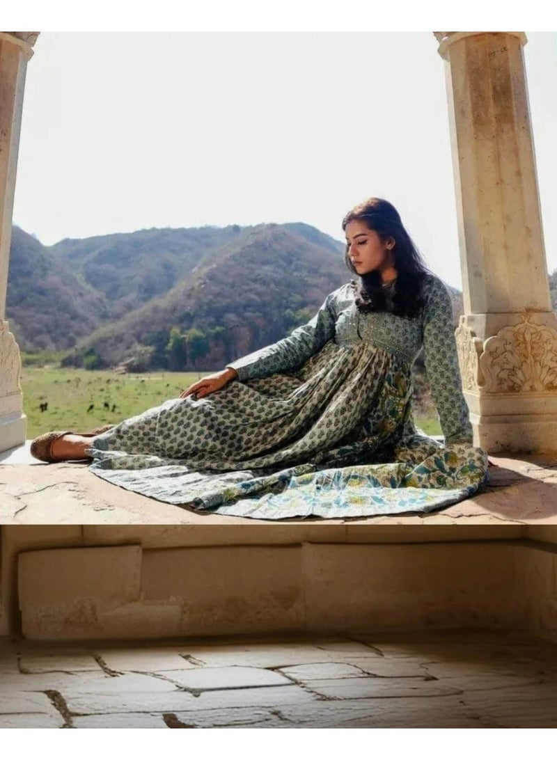Divena Hand Block Printed Maxi Dress in Pure Cotton-Empire Yoke-Panelled Flare-Vintage vibe - Image 5