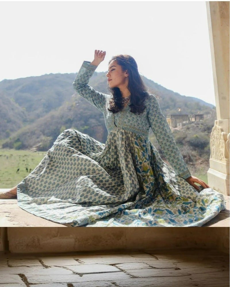 Divena Hand Block Printed Maxi Dress in Pure Cotton-Empire Yoke-Panelled Flare-Vintage vibe - Image 4