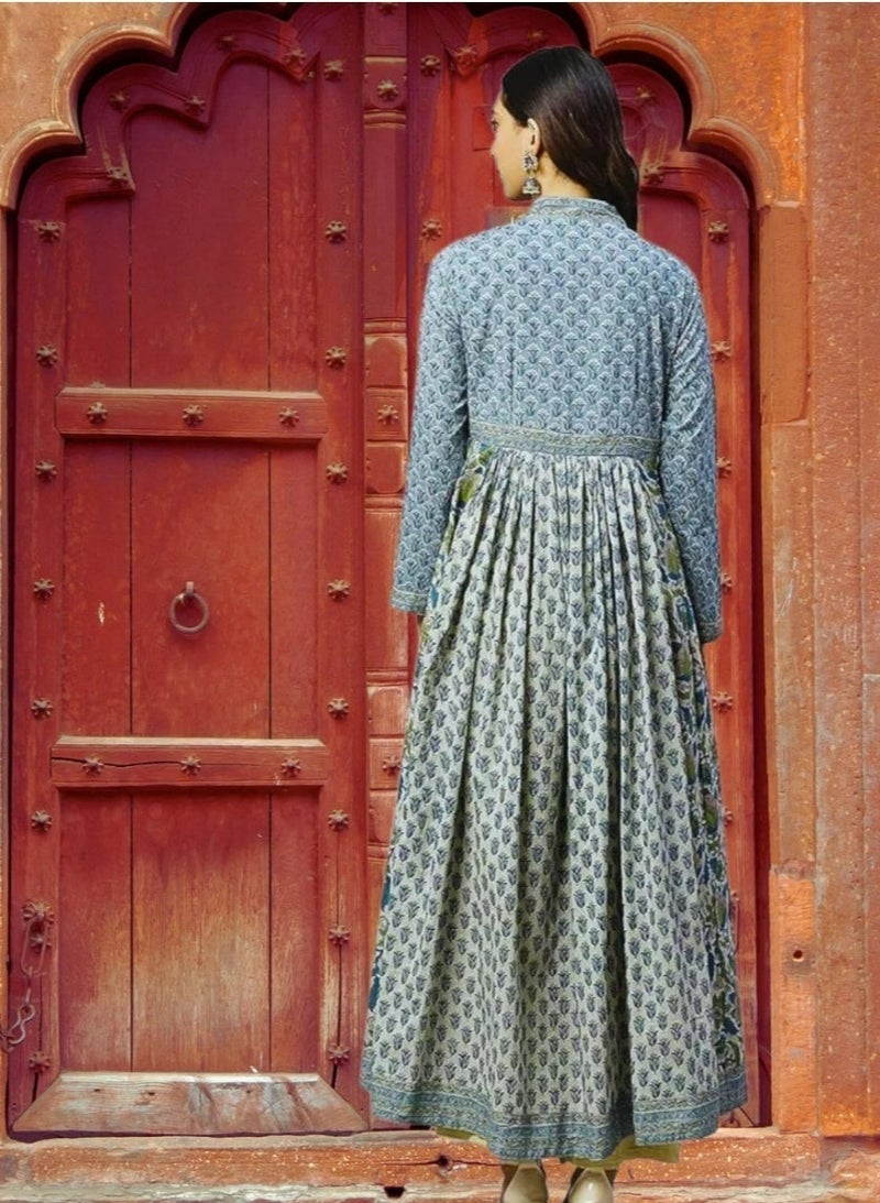 Divena Hand Block Printed Maxi Dress in Pure Cotton-Empire Yoke-Panelled Flare-Vintage vibe - Image 2
