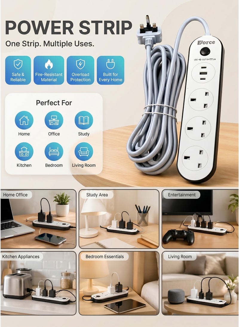 فورس توصيلة كهربائية متعددة المنافذ من فورس بكابل متين بطول 3 متر | 3 منافذ AC، ومنفذين USB-C PD، ومنفذ USB-A | لوحة تمديد طاقة عالمية للمنزل، والمكتب، والمطبخ (3 متر) - Image 2