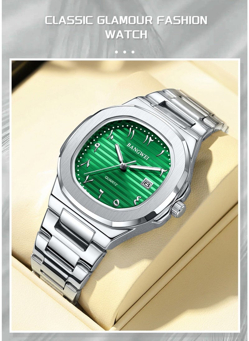 ساعة كوارتز رجالية فاخرة جديدة، أرقام عربية شرقية، أوتوماتيكية، مع خاصية تسجيل التاريخ، ساعة يد أنيقة للرجال، مصنوعة من الفولاذ المقاوم للصدأ، لون فضي وأخضر. - Image 5