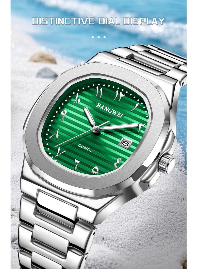 ساعة كوارتز رجالية فاخرة جديدة، أرقام عربية شرقية، أوتوماتيكية، مع خاصية تسجيل التاريخ، ساعة يد أنيقة للرجال، مصنوعة من الفولاذ المقاوم للصدأ، لون فضي وأخضر. - Image 4