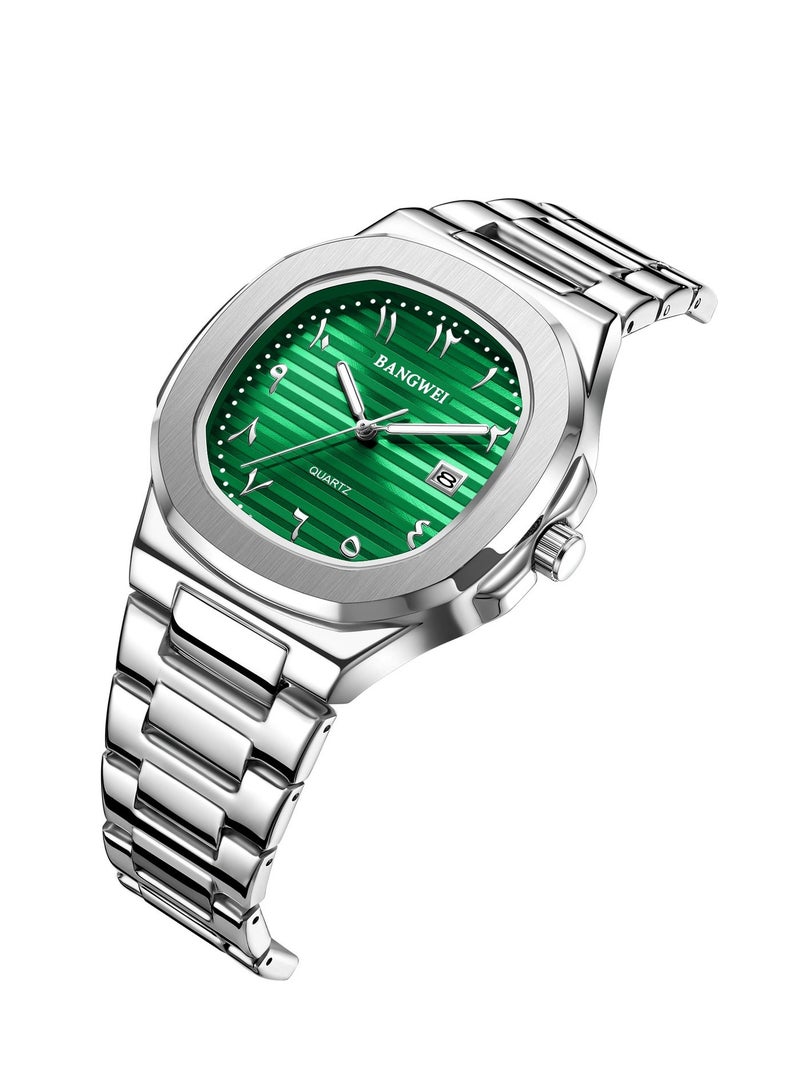 ساعة كوارتز رجالية فاخرة جديدة، أرقام عربية شرقية، أوتوماتيكية، مع خاصية تسجيل التاريخ، ساعة يد أنيقة للرجال، مصنوعة من الفولاذ المقاوم للصدأ، لون فضي وأخضر. - Image 3