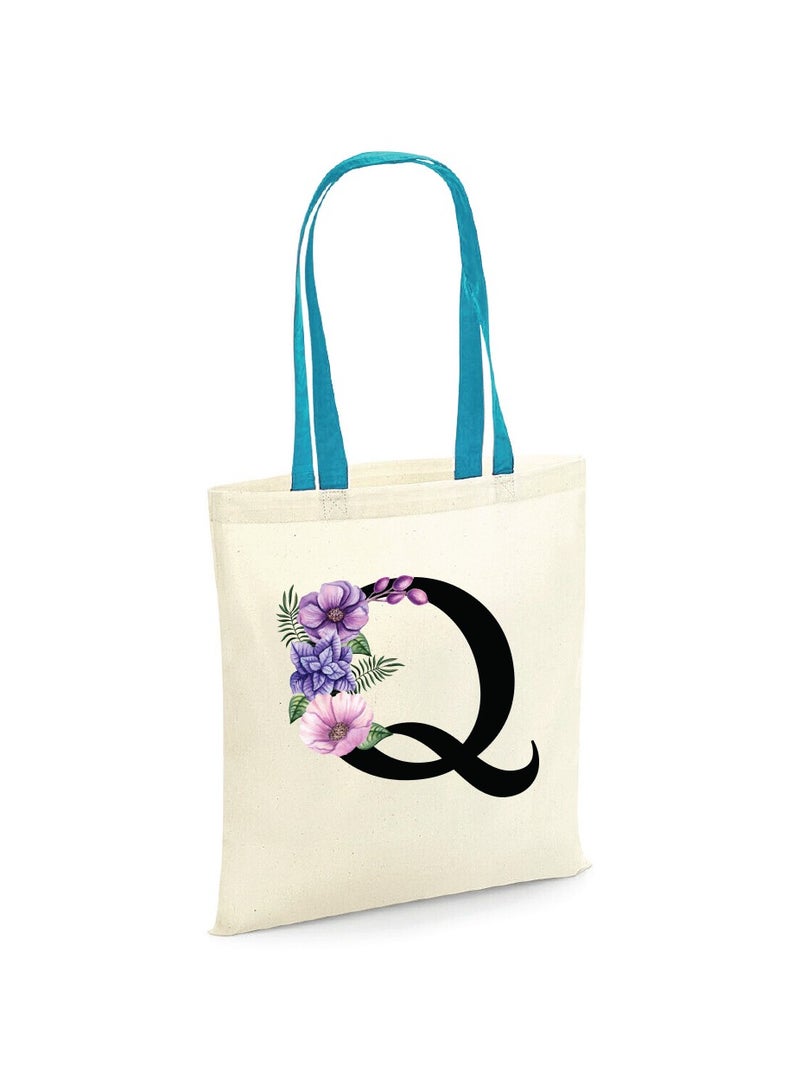 PRINTSHOP4ME Initial Letters Canvas Cotton Tote Bag with Blue handle - Ideal Gifts for Bridesmaids - Shopping - Party Bag - Reusable Shopping Bags - Image 1