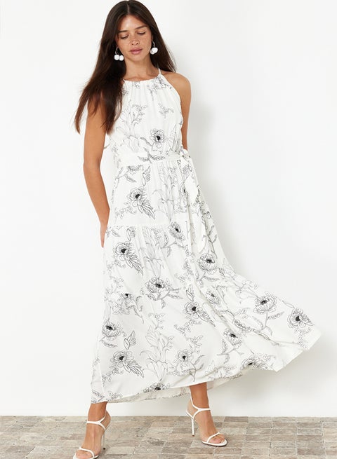 Ecru Animal Shift Halter Neck Maxi Lined Woven Dress TWOSS24EL00872