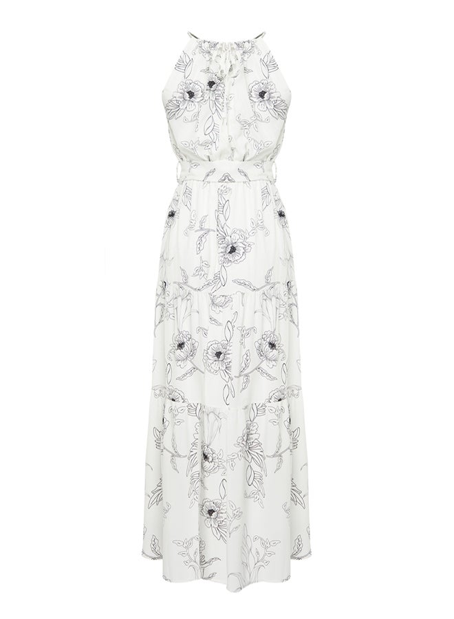 Ecru Animal Shift Halter Neck Maxi Lined Woven Dress TWOSS24EL00872