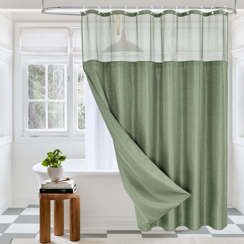 MitoVilla Green Waffle Shower Curtain Set with Snapin Liner Modern Sage Green Waffle Weave Fabric Shower Curtain for Luxury Neutral Hotel  Spa Bathroom Decor 72 x 72