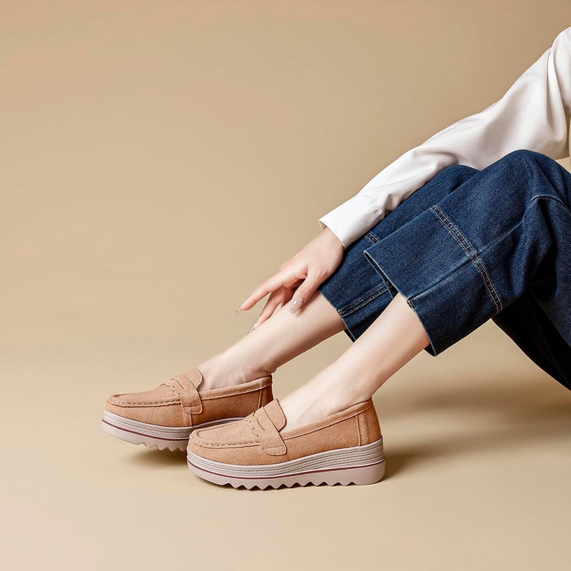 Touchmosees Women's Suede Platform Loafers - Slip-On Wedge Moccasin with Comfortable Non-Slip Rocker Sole for Business, Casual, Daily Wear Beige A8775 38 - Image 2