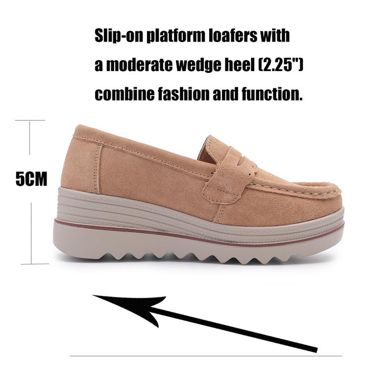 Touchmosees Women's Suede Platform Loafers - Slip-On Wedge Moccasin with Comfortable Non-Slip Rocker Sole for Business, Casual, Daily Wear Beige A8775 38 - Image 3