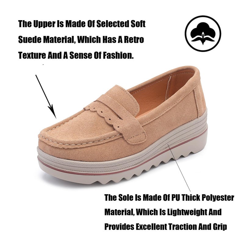 Touchmosees Women's Suede Platform Loafers - Slip-On Wedge Moccasin with Comfortable Non-Slip Rocker Sole for Business, Casual, Daily Wear Beige A8775 38 - Image 4