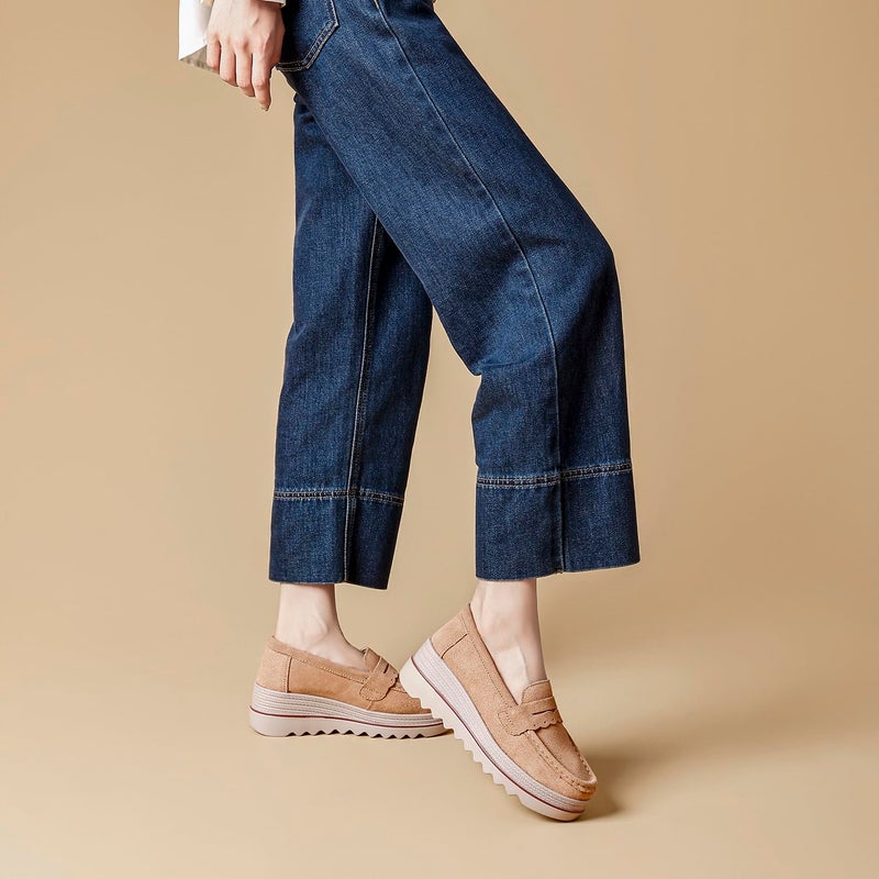 Touchmosees Women's Suede Platform Loafers - Slip-On Wedge Moccasin with Comfortable Non-Slip Rocker Sole for Business, Casual, Daily Wear Beige A8775 38 - Image 5