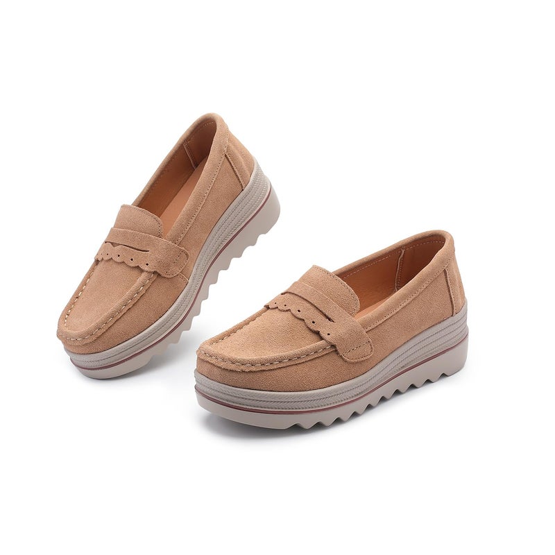 Touchmosees Women's Suede Platform Loafers - Slip-On Wedge Moccasin with Comfortable Non-Slip Rocker Sole for Business, Casual, Daily Wear Beige A8775 38 - Image 1