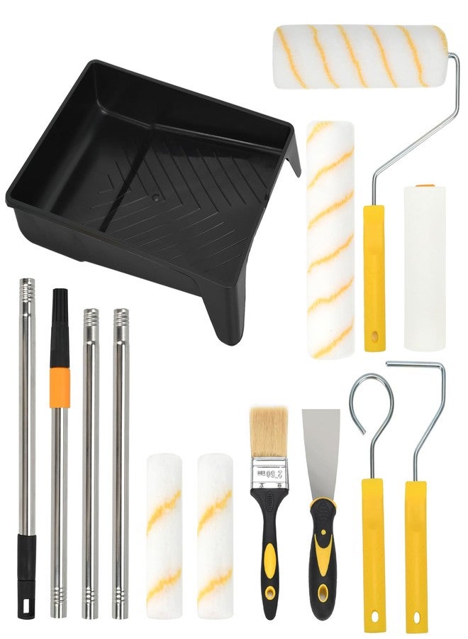 MFBJXC 13-Piece Paint Roller Kit with Extension Pole - 9 Inch & 4 Inch Microfiber Roller Covers, Paint Brush, Tray, Scraper & Adjustable Pole for Walls, Ceilings, Furniture - Professional Smooth Finish - Image 1
