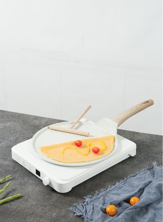 ESLITE LIFE مقلاة بان كيك 28 سم | ألمنيوم | قاعدة تحريض | طلاء غير لاصق | مقاومة للخدوش ودائمة | مقبض خشبي بتصميم أنيق، أبيض - Image 3