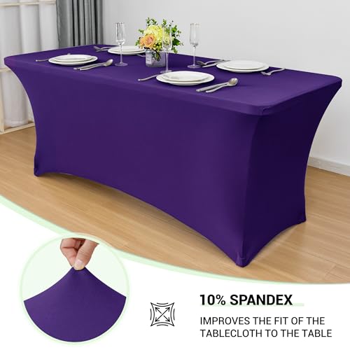 Obstal 6ft Spandex Table Cover for Standard Folding Tables 2 Pack Rectangular Fitted Tablecloth for Halloween Party Holiday Decorations 72L x 30W x 30H Inches Dark Purple - Image 3