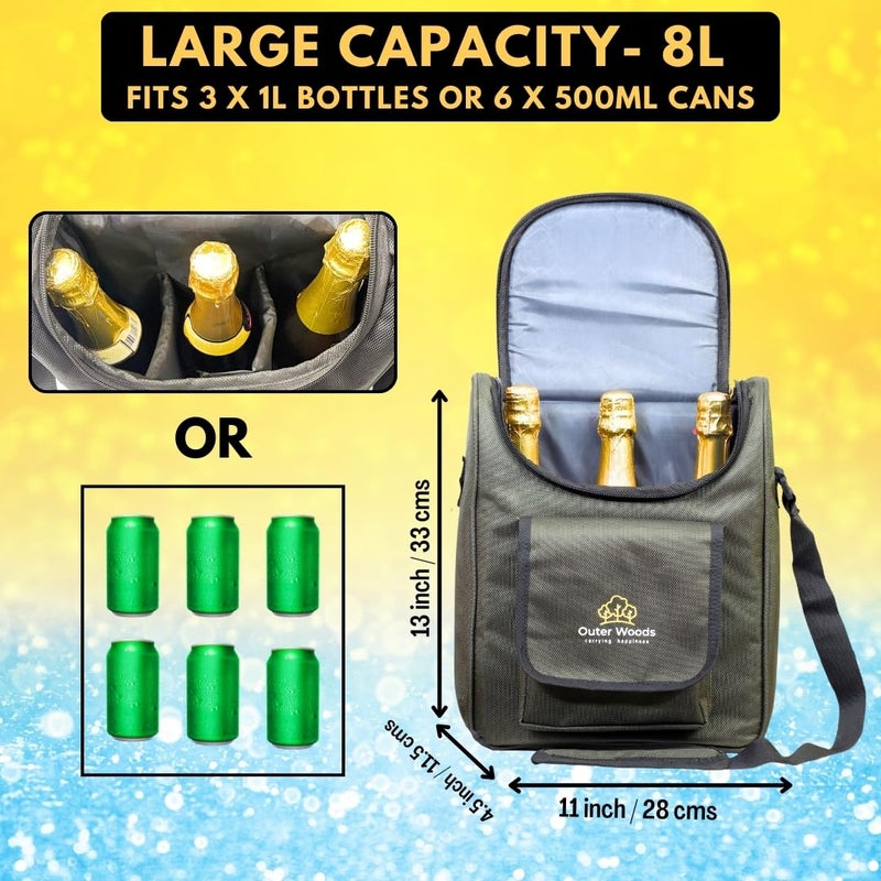 Outer Woods Insulated 3 Bottle Wine Cooler Bag 360 Degree Insulation and Padded Protection for Glass Bottles Ideal for Carrying Wine Beer Whisky Vodka Soda Juice Milk and Water Olive - Image 2