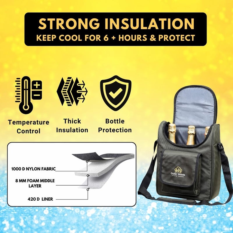 Outer Woods Insulated 3 Bottle Wine Cooler Bag 360 Degree Insulation and Padded Protection for Glass Bottles Ideal for Carrying Wine Beer Whisky Vodka Soda Juice Milk and Water Olive - Image 3