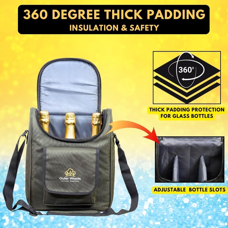 Outer Woods Insulated 3 Bottle Wine Cooler Bag 360 Degree Insulation and Padded Protection for Glass Bottles Ideal for Carrying Wine Beer Whisky Vodka Soda Juice Milk and Water Olive - Image 4