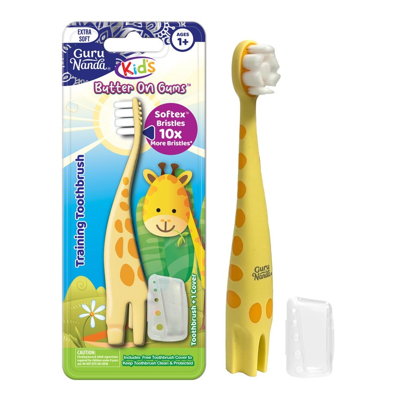 GuruNanda Kids Butter On Gums Cute Giraffe Toothbrush with Tongue Scraper Cover Super Soft Bristles for Gentle Cleaning Ergonomic Handle Age 1