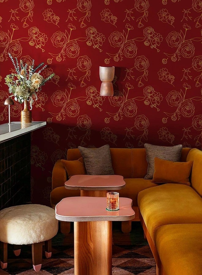 Rylan 45 * 1200 Peel and Stick Wallpaper Gold and White Contact Paper Floral Wallpaper Self Adhesive Removable Wallpaper for Bedroom Covering Vinyl Rolls(Red & Gold) - Image 2