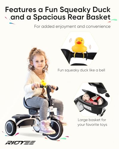 RIDYEE Toddler Tricycle for 18 Months to 5 Years Foldable Tricycles for 155 Year Olds Kids Tricycle with Adjustable CarryFriendly Ergonomic Seat and Covered Large Basket White - Image 5