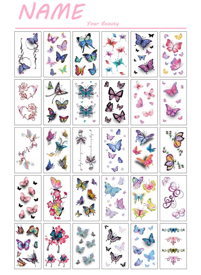 NAME 30-Sheets Waterproof Temporary Tattoo Stickers, Butterfly Love Heart Flower for Kids Adults Men and Women - Image 1