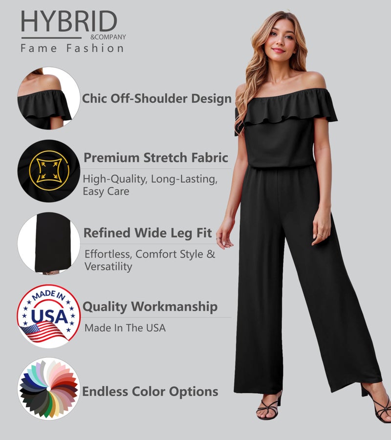 Hybrid & Company Women's Lightweight Off Shoulder Jumpsuit – Stretchy Wide Leg Romper – Casual to Formal One Piece Outfit KPVJ47696X BLACK 2X - Image 2