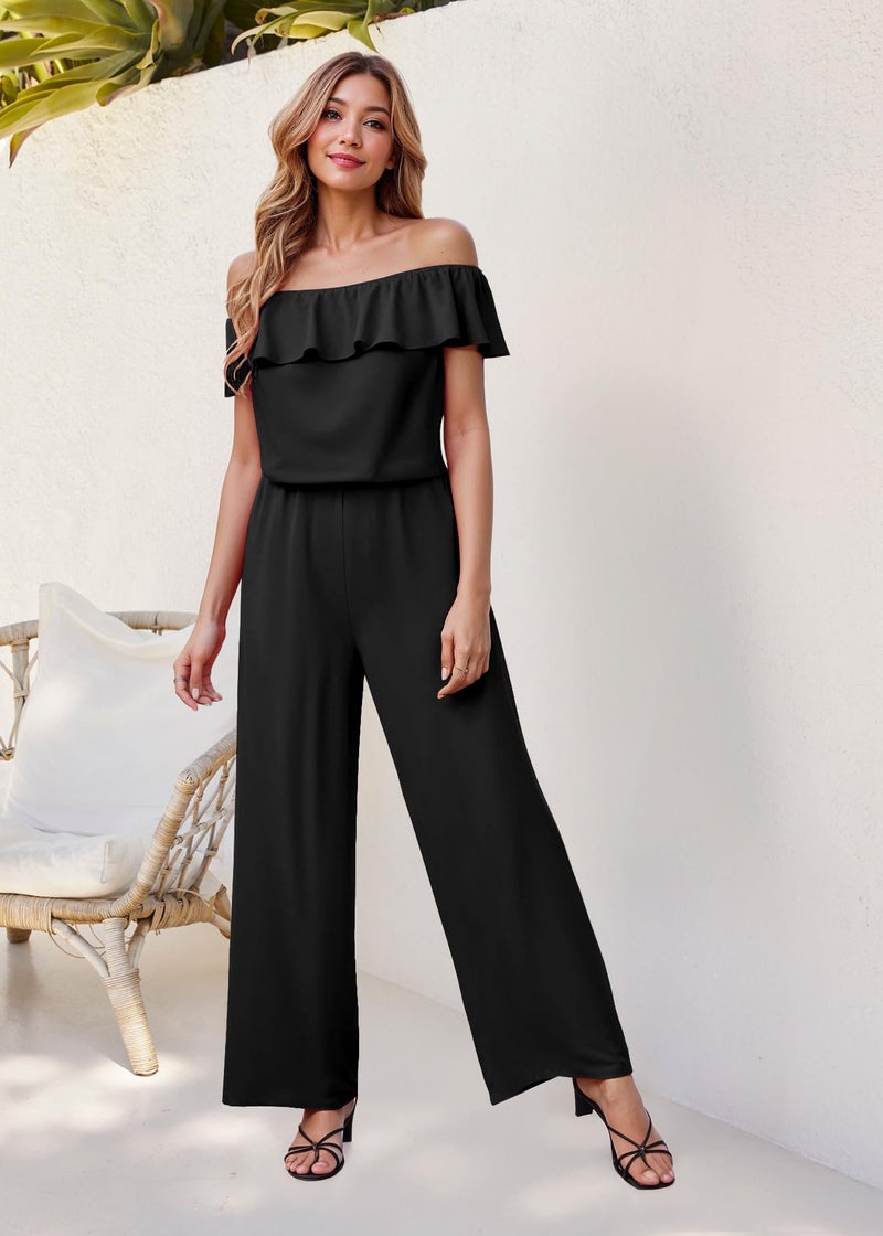 Hybrid & Company Women's Lightweight Off Shoulder Jumpsuit – Stretchy Wide Leg Romper – Casual to Formal One Piece Outfit KPVJ47696X BLACK 2X - Image 5