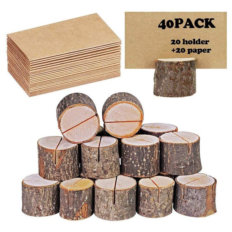 whatUneed whatUneed 20 Pack Place Card Holders Rustic Real Wood with Wooden Bark Table Card Holder Number Photo Stand Place Name Memo Card Holder for Wedding Party 20 Holders20 Kraft Place 