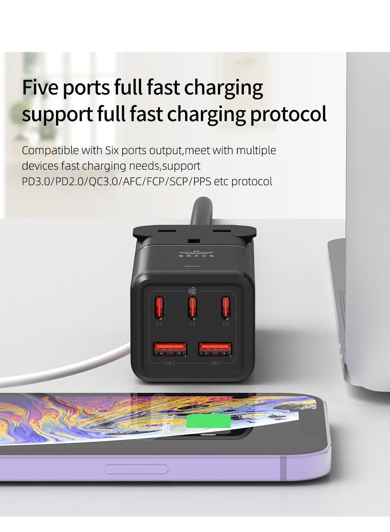 Brave 75W GaN Series Power Extension Cord with USB 3x USB-C PD 2x USB-A QC 3.0 Fast Charger Adapte 1 Way UK Plug Socket Outlet Quick Charging Surge Protector 1.8M Cable Type C USB Charger - Image 4