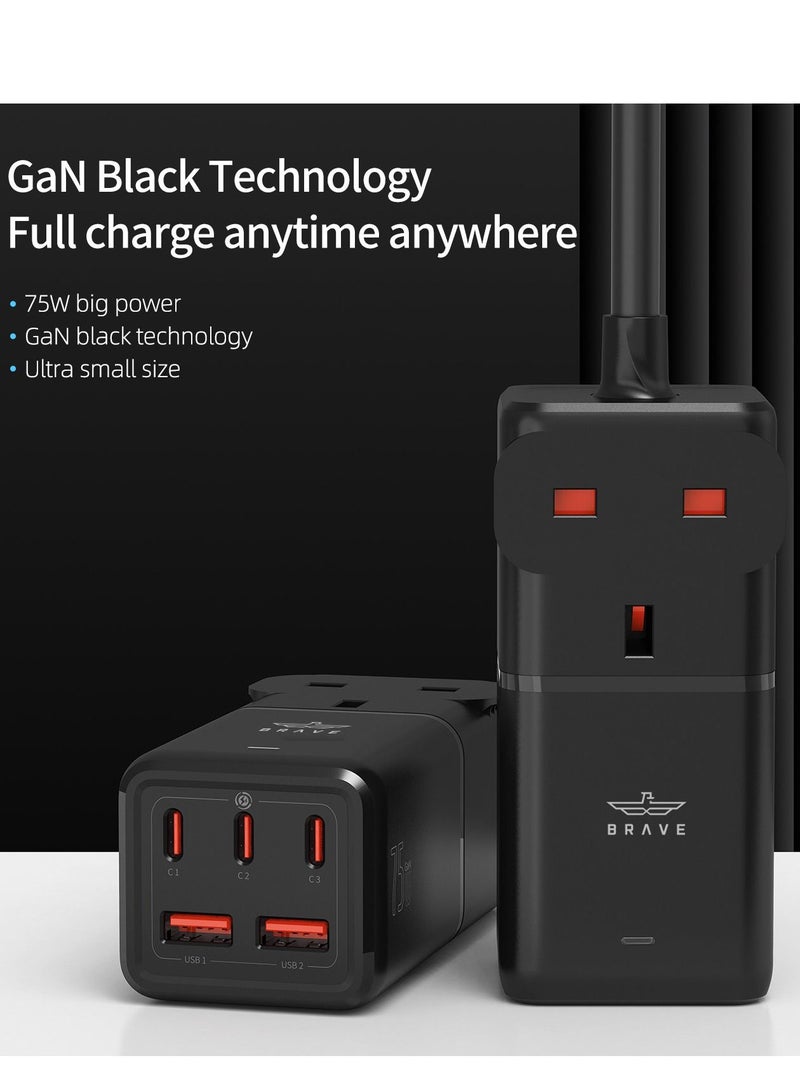Brave 75W GaN Series Power Extension Cord with USB 3x USB-C PD 2x USB-A QC 3.0 Fast Charger Adapte 1 Way UK Plug Socket Outlet Quick Charging Surge Protector 1.8M Cable Type C USB Charger - Image 3