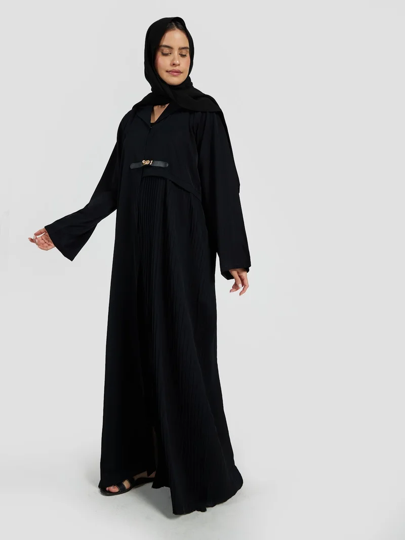 Reem Abayas Sophisticated Black Pleated Abaya with Gold Buckle Accent