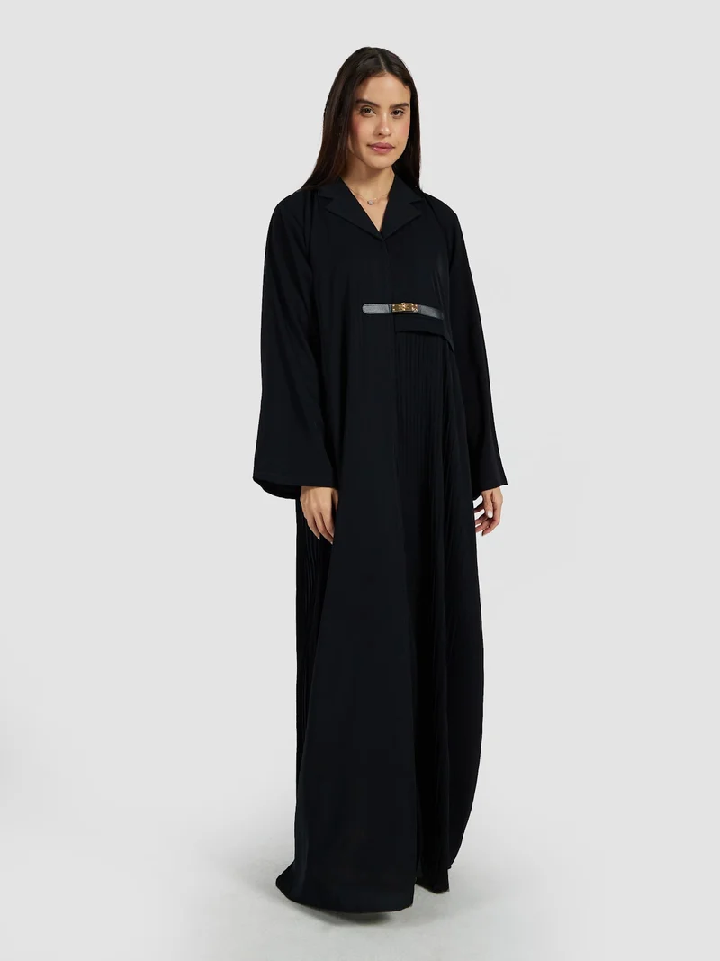 Reem Abayas Sophisticated Black Pleated Abaya with Gold Buckle Accent