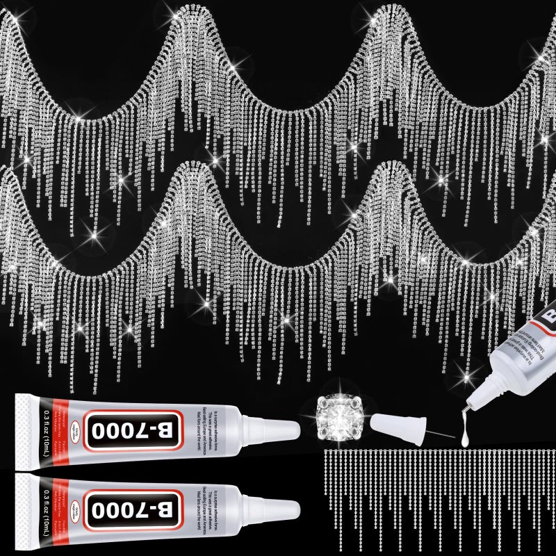 Tetutor Rhinestone Fringe with B7000 Glue Multipurpose Adhesive, 1 Yard Sparkle Rhinestone Trim, Rhinestones Fringe Trim, Sliver Diamond Fringe Rhinestones Belt - Image 1
