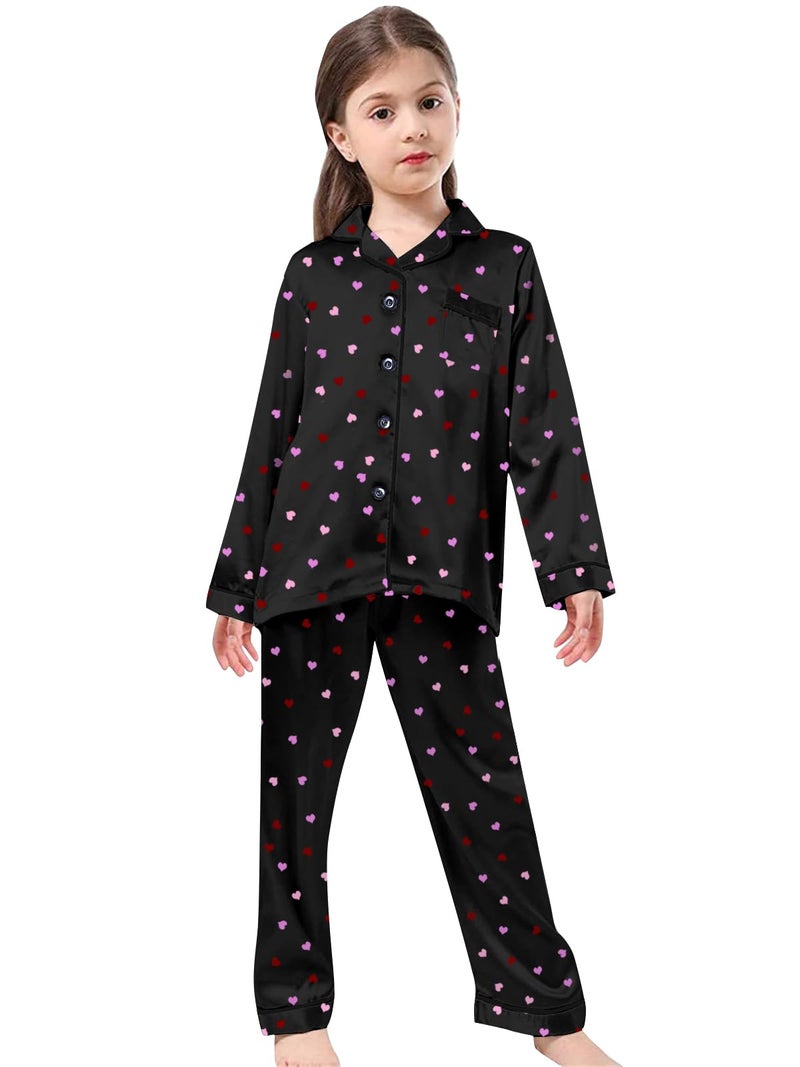 Schbbbta Girls Pajamas, Satin Silk Button Down Pjs Soft Long Sleeve Shirt Pants 2Pcs Sleep Set Loungewear Outfits for Kids, Heart Black, 9-10 Years = Tag 150 - Image 2