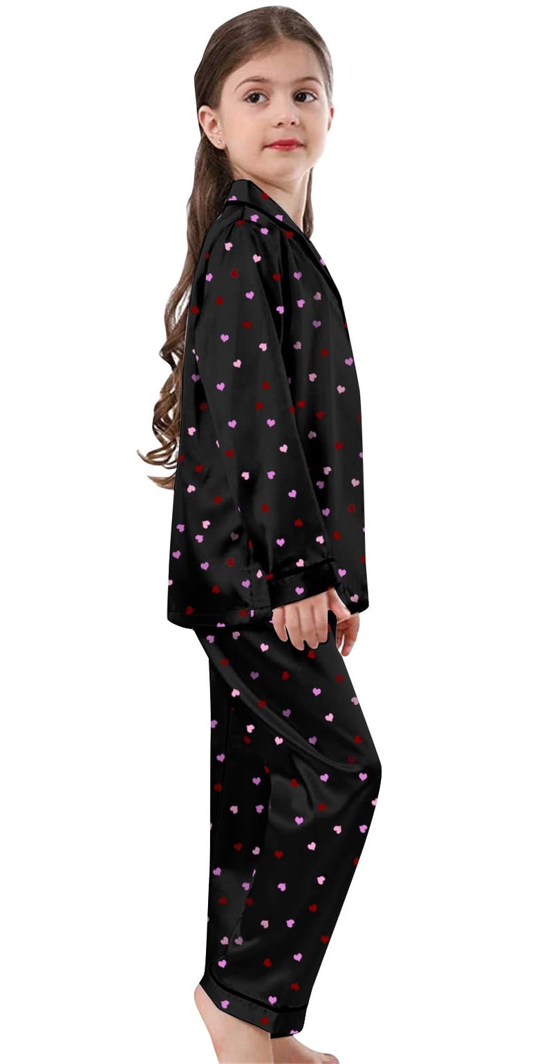 Schbbbta Girls Pajamas, Satin Silk Button Down Pjs Soft Long Sleeve Shirt Pants 2Pcs Sleep Set Loungewear Outfits for Kids, Heart Black, 9-10 Years = Tag 150 - Image 3