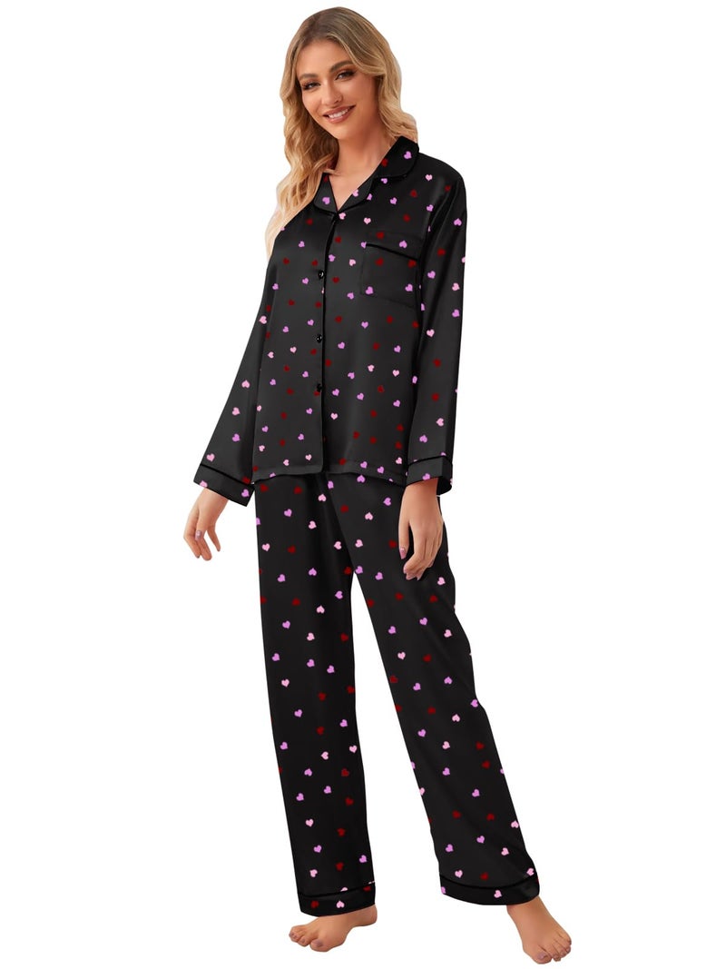 Schbbbta Girls Pajamas, Satin Silk Button Down Pjs Soft Long Sleeve Shirt Pants 2Pcs Sleep Set Loungewear Outfits for Kids, Heart Black, 9-10 Years = Tag 150 - Image 4