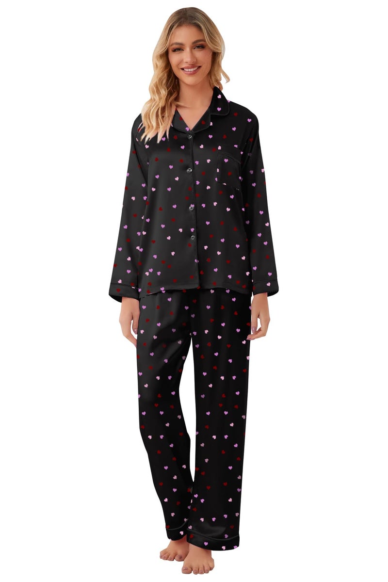 Schbbbta Girls Pajamas, Satin Silk Button Down Pjs Soft Long Sleeve Shirt Pants 2Pcs Sleep Set Loungewear Outfits for Kids, Heart Black, 9-10 Years = Tag 150 - Image 5
